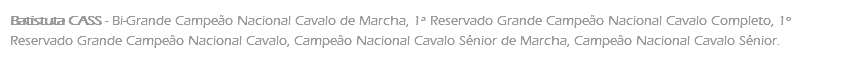 Batistuta CASS - Bi-Grande Campeão Nacional Cavalo de Marcha, 1ª Reservado Grande Campeão Nacional Cavalo Completo, 1º Reservado Grande Campeão Nacional Cavalo, Campeão Nacional Cavalo Sênior de Marcha, Campeão Nacional Cavalo Sênior.