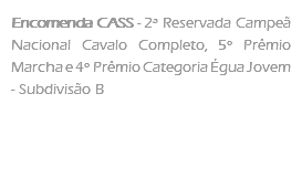 Encomenda CASS - 2ª Reservada Campeã Nacional Cavalo Completo, 5º Prêmio Marcha e 4º Prêmio Categoria Égua Jovem - Subdivisão B