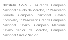 Batistuta CASS - Bi-Grande Campeão Nacional Cavalo de Marcha, 1ª Reservado Grande Campeão Nacional Cavalo Completo, 1º Reservado Grande Campeão Nacional Cavalo, Campeão Nacional Cavalo Sênior de Marcha, Campeão Nacional Cavalo Sênior.